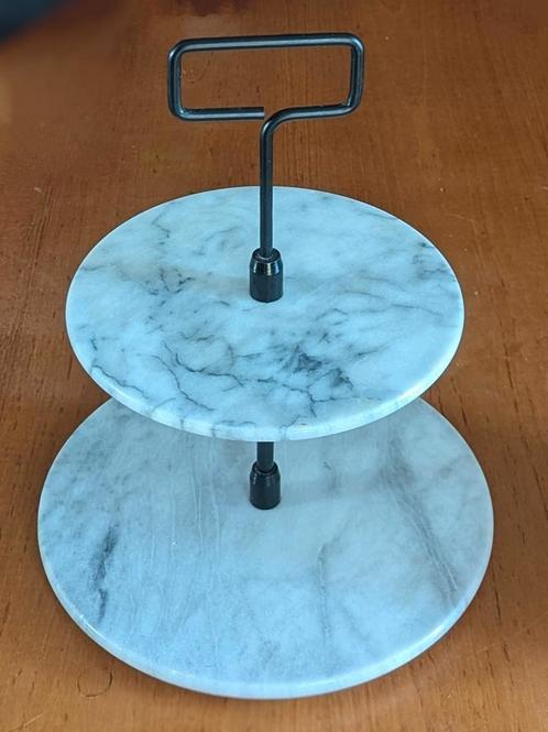 Vintage marmeren etagère twee lagen  met zwart handvat, Huis en Inrichting, Woonaccessoires | Etagères, Gebruikt, Ophalen of Verzenden