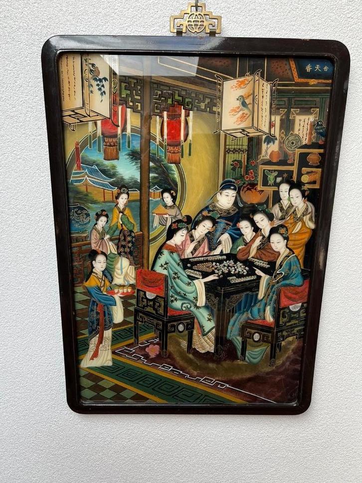 Chinees schilderij omgekeerd geschilderd glas Mahjong dames, Huis en Inrichting, Woonaccessoires | Schilderijen, Tekeningen en Foto's