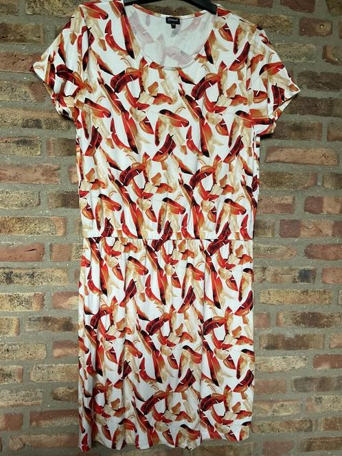 Gafair! Super leuke zomer jurk, geel cognac veer dessin 44, Kleding | Dames, Jurken, Zo goed als nieuw, Maat 42/44 (L), Overige kleuren