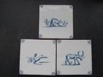 3 tegeltje Delft haas hert wolf?/vos?, Ophalen, Gebruikt