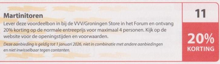 Martinitoren Groningen 20% korting Postcodeloterij bon nr 11, Tickets en Kaartjes, Musea, Drie personen of meer, Kortingskaart
