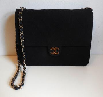 Chanel black cotton flap shoulderbag vintage beschikbaar voor biedingen