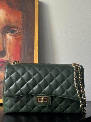 Italiaanse leren schoudertas – Donkergroen & Goud – Nieuw beschikbaar voor biedingen