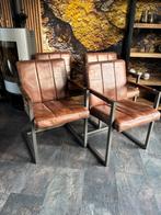 4 industriële met buffelleer beklede tafel stoelen., Ophalen, Gebruikt, Bruin, Leer