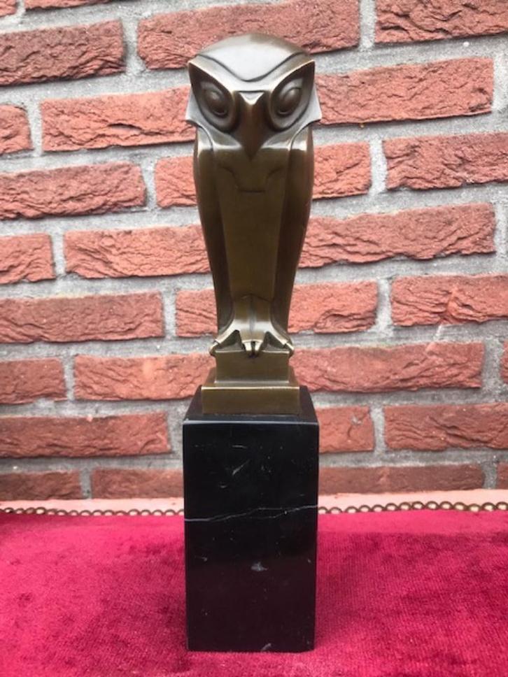 fraai beeld van een gestileerde uil, brons en marmer, Antiek en Kunst, Antiek | Koper en Brons, Brons, Ophalen of Verzenden