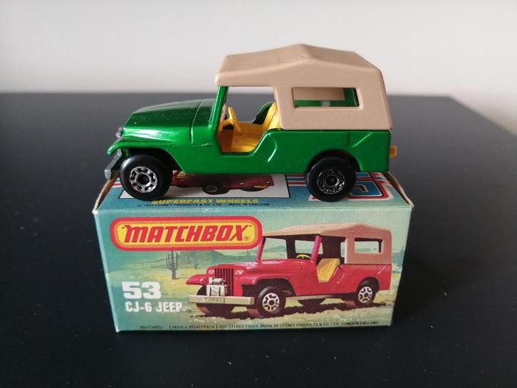 Lesney Matchbox Superfast #53 Jeep CJ-6 groen in doosje, Hobby en Vrije tijd, Modelauto's | Overige schalen, Zo goed als nieuw