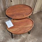 Bijzettafel, set van 2 ovaal. Zwaar massief hout met metaal, Ophalen, Minder dan 55 cm, Gebruikt, Hout