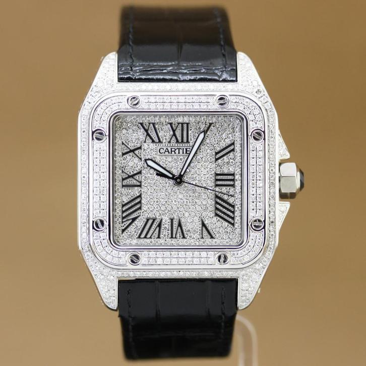 Cartier Santos 100 Xl 2656 Full Diamonds, Sieraden, Tassen en Uiterlijk, Horloges | Heren, Gebruikt, Polshorloge, Overige merken