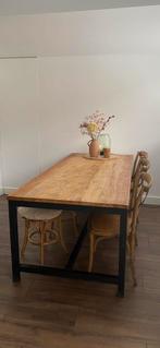 Mooie robuuste houten tafel met stalen frame 220, Huis en Inrichting, Tafels | Eettafels, Ophalen, Gebruikt, Stoere leeftafel