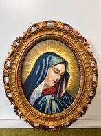 Maria borduurwerk in goudkleurige lijst Frans borduurwerk, Ophalen, Minder dan 50 cm, Gebruikt, 50 tot 75 cm