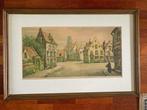 Grote gekleurde ingelijste ets van dorpspleintje, Antiek en Kunst, Ophalen