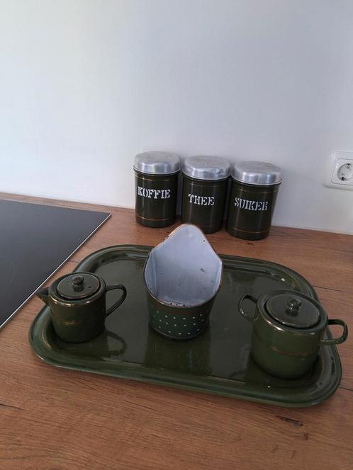 Donkergroen emaille thee / koffie set, Antiek en Kunst, Antiek | Emaille, Ophalen of Verzenden
