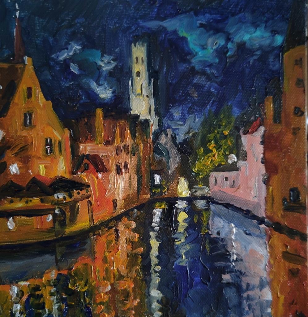 Brugge Origineel Olieverf Schilderij 20x20, Antiek en Kunst, Kunst | Schilderijen | Klassiek, Ophalen of Verzenden