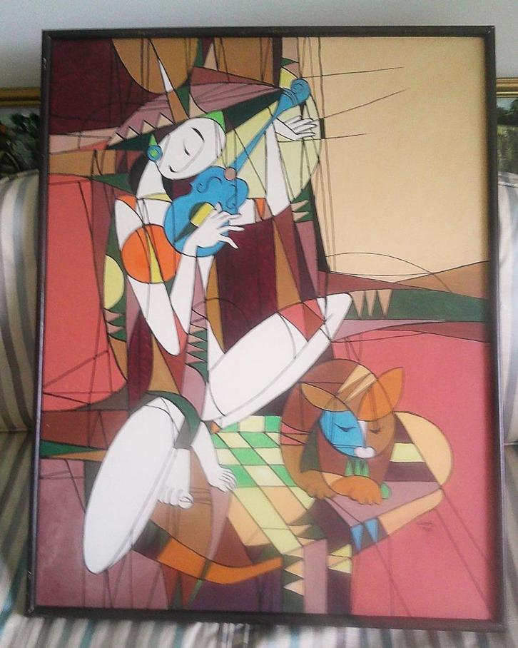 Muciserende vrouw en poes - 1990 - Gianto (Indonesisch), Antiek en Kunst, Kunst | Schilderijen | Klassiek, Ophalen of Verzenden