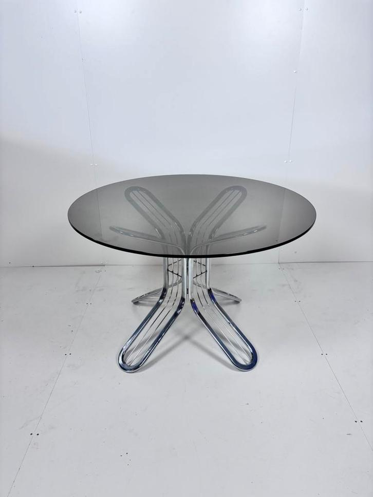 Vintage eettafel rond glas chroom, Huis en Inrichting, Tafels | Eettafels, Gebruikt, 50 tot 100 cm, Rond, Ophalen