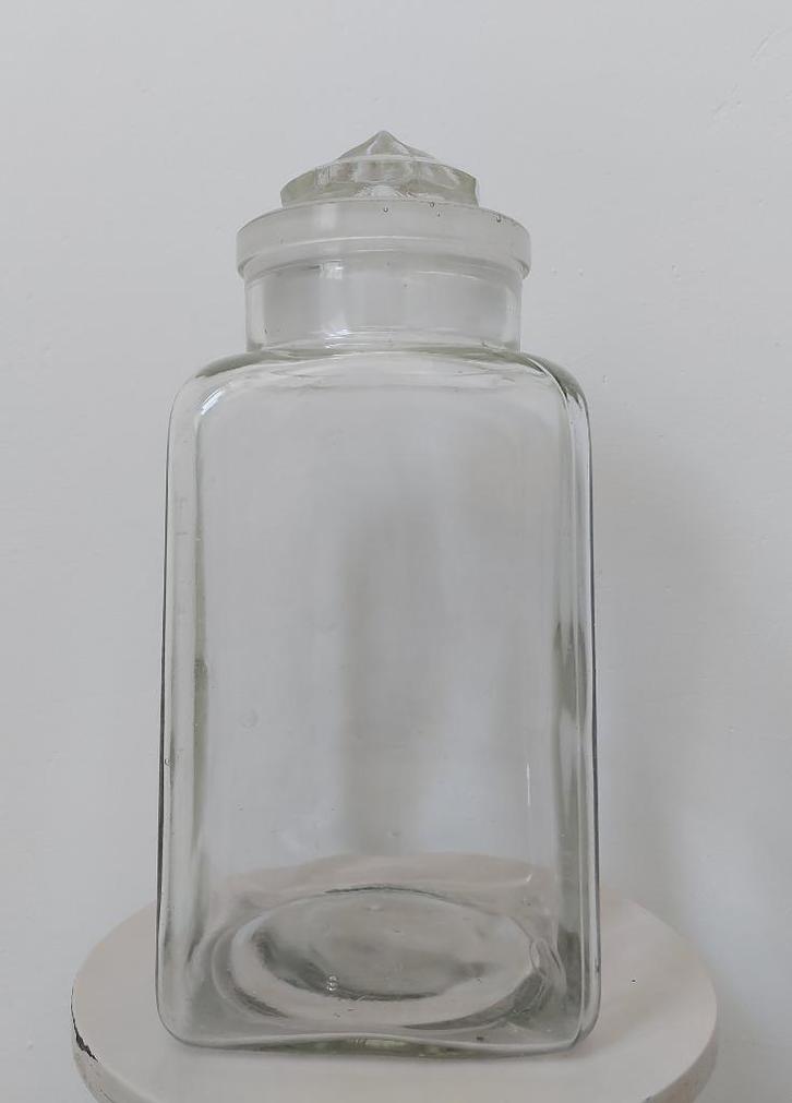 Oude glazen vierkante voorraadpot met stop, Antiek en Kunst, Curiosa en Brocante, Ophalen of Verzenden
