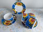 4 Kop en schotels "Zonnebloemen" van Van Well Wellco, Ophalen of Verzenden, Zo goed als nieuw, Overige stijlen, Kop(pen) en/of Schotel(s)
