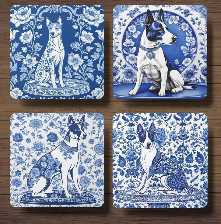 Basenji Delfts Blauw onderzetters met houder, Huis en Inrichting, Woonaccessoires | Onderzetters, Nieuw, Glas of Kopje, Ophalen of Verzenden
