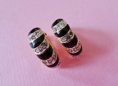 jwg Vintage 60s 80s zwart emaille oorbellen strass goud klr, Sieraden, Tassen en Uiterlijk, Antieke sieraden, Oorbellen, Overige materialen
