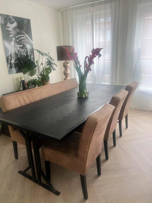 Industriële Eetkamerset met Bank & Leren Stoelen, Huis en Inrichting, Tafels | Eettafels, Zo goed als nieuw, 50 tot 100 cm, 200 cm of meer