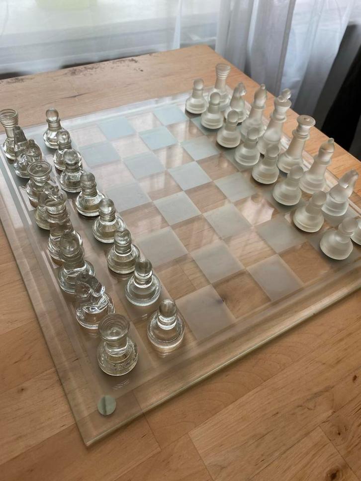 Glazen Schaken Set - 3 in 1, Hobby en Vrije tijd, Gezelschapsspellen | Bordspellen, Zo goed als nieuw, Een of twee spelers, Ophalen of Verzenden