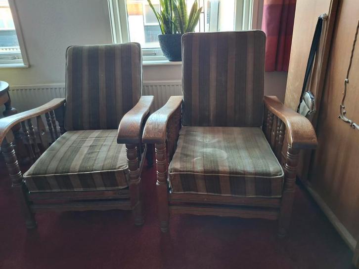 Rookstoelen, Huis en Inrichting, Stoelen, Gebruikt, Twee, Hout, Stof, Bruin, Ophalen of Verzenden