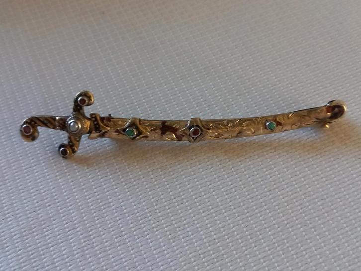 Sabel broche - Art Déco - zilver verguld, Sieraden, Tassen en Uiterlijk, Broches, Gebruikt, Zilver, 7 tot 10 cm, Met edelsteen