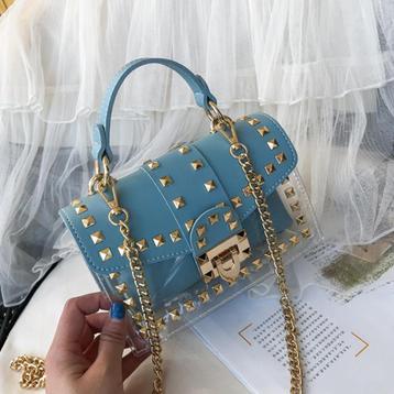 Blauwe leren dames tas met gouden studs schoudertas handtas beschikbaar voor biedingen