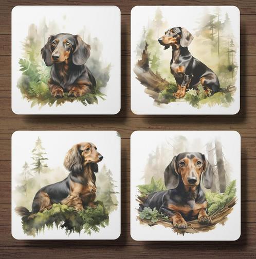 Teckel Aquarel onderzetters met houder, Huis en Inrichting, Woonaccessoires | Onderzetters, Nieuw, Glas of Kopje, Ophalen of Verzenden