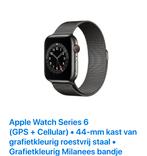 Apple Watch Series 6 44mm RVS GPS+4G (81% batterij), Sieraden, Tassen en Uiterlijk, Smartwatches, Gebruikt, Hartslag, Zwart, IOS