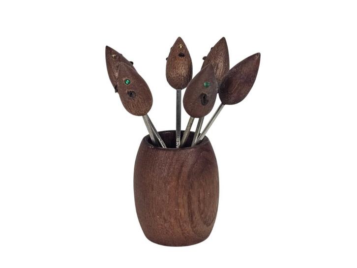 Vintage - cocktail prikkers met houder - teak - Denemarken, Verzamelen, Retro, Huis en Inrichting, Ophalen of Verzenden