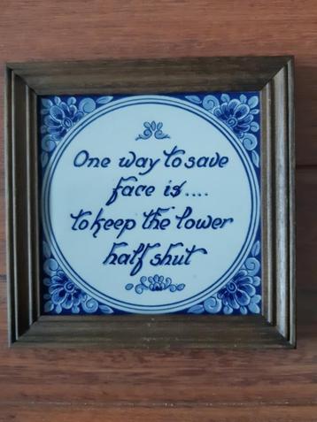 Ingelijste Delfts blauwe tegel 15x15cm 'One way to save...' beschikbaar voor biedingen