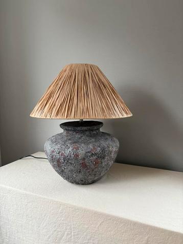 Vintage ceramic wabisabi tafellamp  raffia kap h44cm beschikbaar voor biedingen