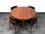 Set van 4 lederen palisander Møller stoelen en eettafel, Ophalen of Verzenden, Gebruikt, Mid-century, deens design, 4 tot 6 stoelen