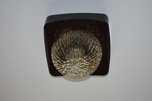 Retro plafonnière vierkant donkerbruin glas met patroon, Huis en Inrichting, Lampen | Plafondlampen, Gebruikt, Glas, Kunststof
