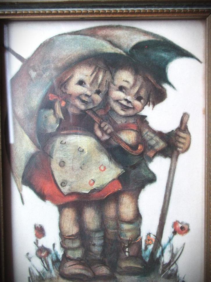 Hummel~Paraplu~Jongen meisje~jrn 50~Houten Lijst, Verzamelen, Retro, Huis en Inrichting, Ophalen of Verzenden