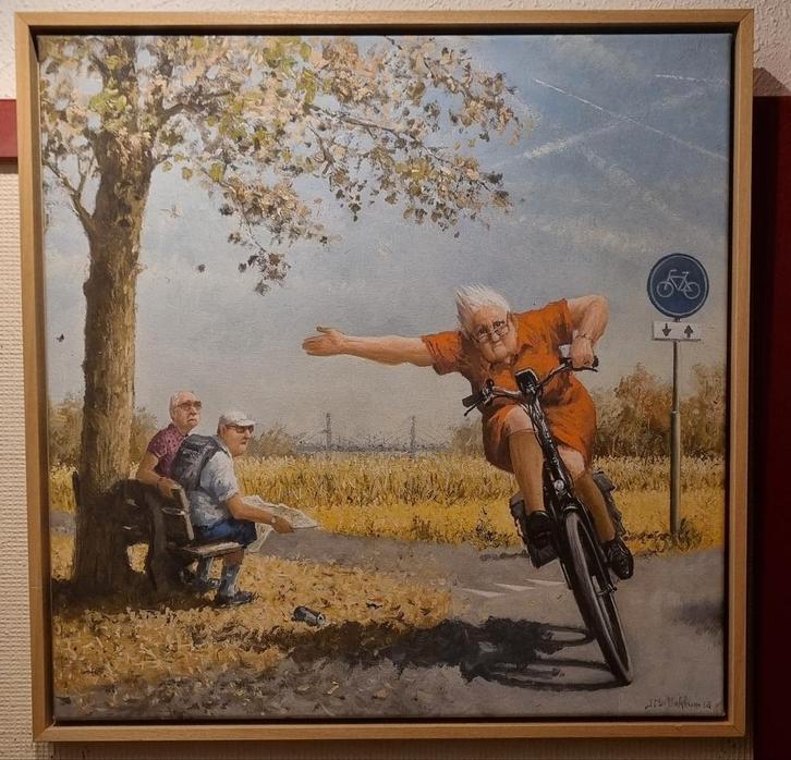 Schilderij van fietsende dame. Giclee. Marius van Dokkum., Antiek en Kunst, Kunst | Schilderijen | Klassiek, Ophalen