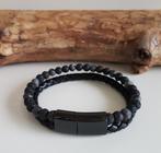 Heren Dubbele Armband met Edelsteenkralen / gevlochten leer., Met edelsteen, Verzenden, Zwart, Nieuw