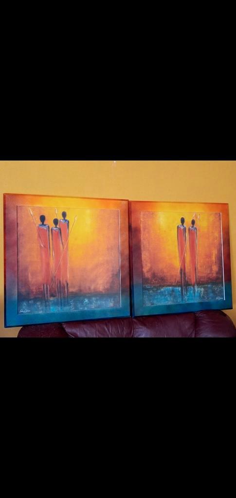 Afrikaanse tweeluik, Huis en Inrichting, Woonaccessoires | Schilderijen, Tekeningen en Foto's, Gebruikt, Schilderij, 75 cm of meer