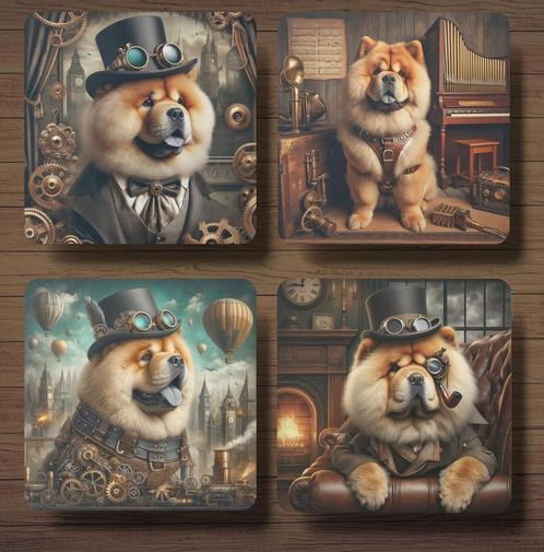 Chow Chow Steampunk Onderzetters met houder, Huis en Inrichting, Woonaccessoires | Onderzetters, Nieuw, Glas of Kopje, Ophalen of Verzenden