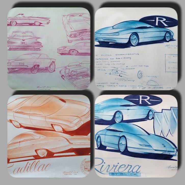 Handgetekende ontwerpen van Amerikaanse auto's, Verzamelen, Posters, Zo goed als nieuw, Overige onderwerpen, A1 t/m A3, Rechthoekig Liggend