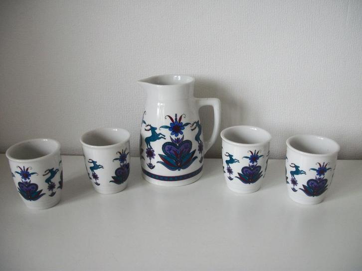 Glühwein set - Kan en 4 Bekers - Wit Blauw Paars - zgan, Huis en Inrichting, Keuken | Servies, Zo goed als nieuw, Bord(en), Overige stijlen