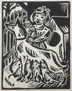 Max Unold (1885-1964 München) Houtsnede 'Herdershond met jo, Ophalen of Verzenden