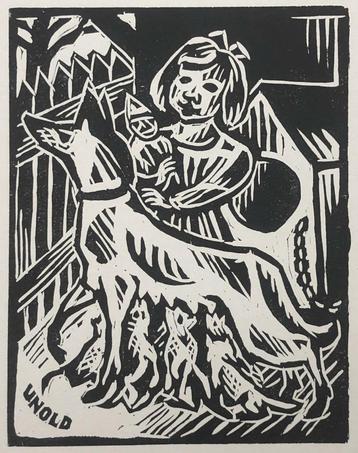 Max Unold (1885-1964 München) Houtsnede 'Herdershond met jo beschikbaar voor biedingen