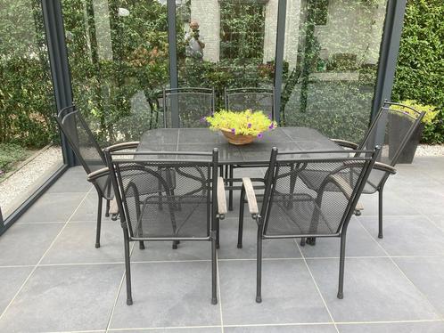 Kettler stalen tuinset, 4 of 6 stoelen. In hele goeie staat., Tuin en Terras, Tuintafels, Gebruikt, Rechthoekig, Ophalen