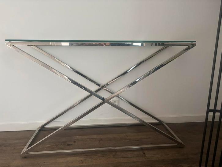 Elegante Cross Sidetable - Glas & RVS, Huis en Inrichting, Tafels | Bijzettafels, Nieuw, Rechthoekig, 60 cm of meer, 75 cm of meer