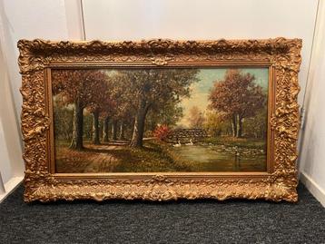 Schilderij P van Schaik Landschap Bomen Zwanen Brug Rivier beschikbaar voor biedingen