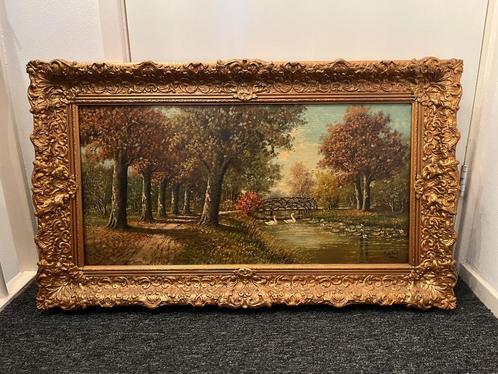 Schilderij P van Schaik Landschap Bomen Zwanen Brug Rivier, Antiek en Kunst, Kunst | Schilderijen | Klassiek, Ophalen of Verzenden