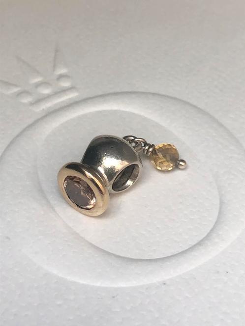 Pandora bedel met 14K goud en citrine steentje, Sieraden, Tassen en Uiterlijk, Bedels, Zo goed als nieuw, Pandora, Zilver, 1 bedel
