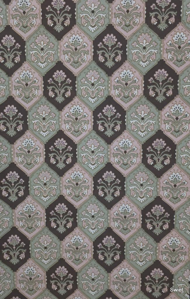 14211 vintage hexagon bloemenbehang bruin roze groen swiet, Huis en Inrichting, Stoffering | Behang, Wit, Bruin, Groen, Roze, Verzenden